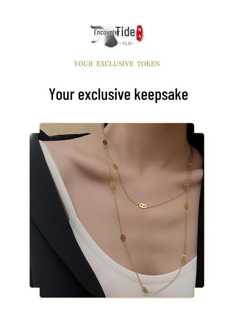 Elegant Double-Layer Titanium Steel Necklace: Women's Long, Non-Fading, Multi-Layered Sweater Chain