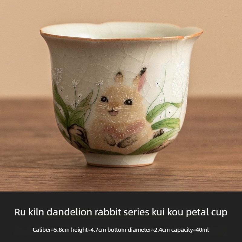 Милая пиала Руяо с кроликом, ручной работы, керамическая, дизайн лепестков цветка, чашка для чая Гунфу, подарок для любителя чая