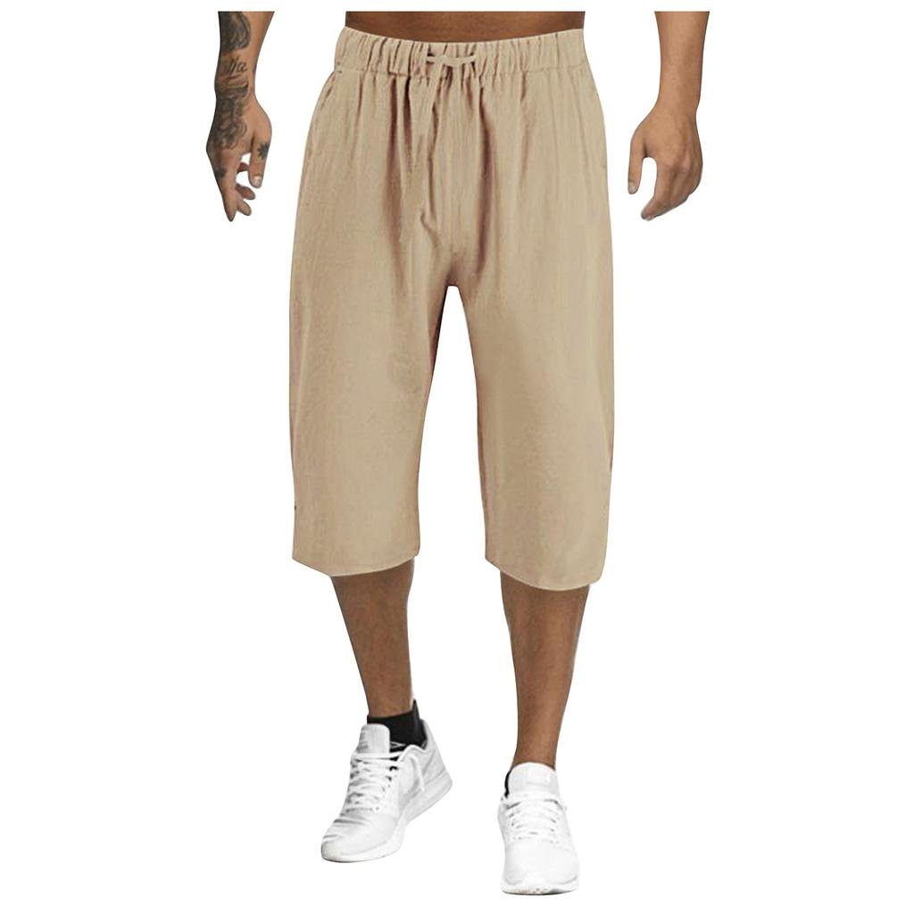 Men's Summer Cotton Linen Cropped Pants Men's Breathable Thin Straight Leg Pants