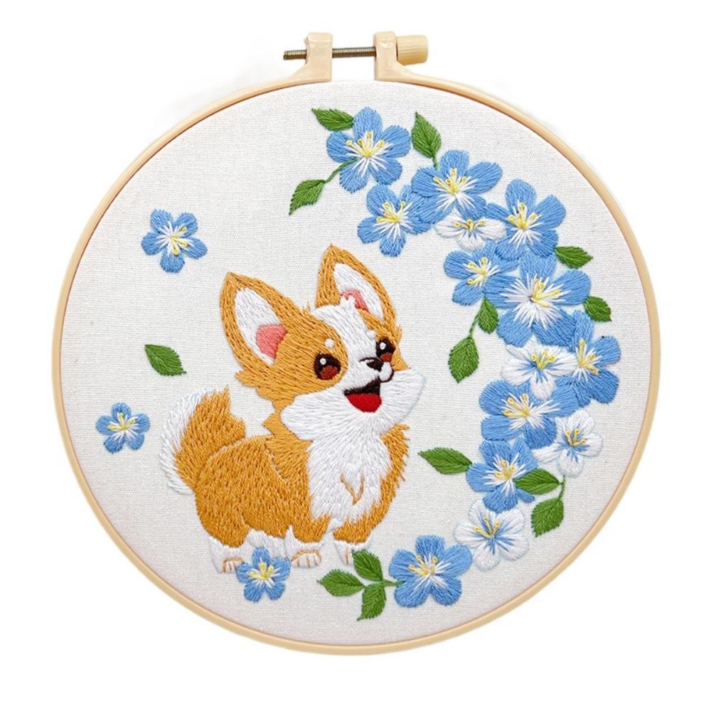 Floral Patterns Cross Stitch Set Corgi Embroidery Set Home Decor Dog Embroidery Kit Beginner
