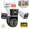 2024 New 12MP 6K Security Protection IP Camera WiFi Wireless Outdoor Three Lens Three Screens CCTV Video Surveillance PTZ Human Tracking