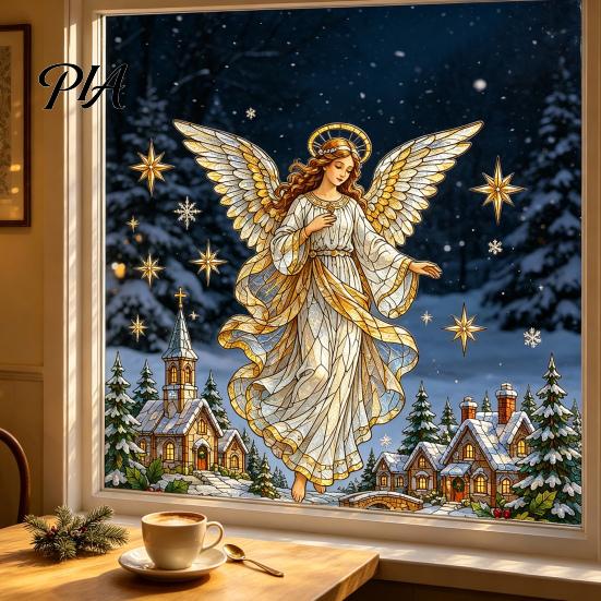 Xmas Living Room Wall Art Christmas Window Stickers, Winter Holiday Decorations, Festive with Tree Wonderland Decor Snowman Angel Patterns for
