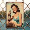 Винтажная Pin-Up Бледная Девушка Металлическая Жестяная Вывеска Ретро Искусство Настенный Декор Рустикальное Зеленое Платье с Красным Сердцем Идеально для Бара