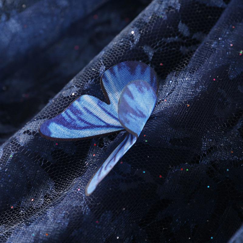 Super Fairy Style~ Sequin Embellished With 3D Butterfly Decoration Double Layer Mesh A-Line Elastic Waist Skirt
