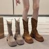Новые осенне-зимние сапоги с круглым носком, квадратным каблуком, толстой подошвой, увеличивающей рост, модные женские сапоги, элегантные сапоги до середины голени для подиума