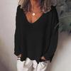 Женская футболка с V-образным вырезом и длинным рукавом, свободная футболка, однотонная, дышащая, повседневная, пуловер, топы, повседневная одежда