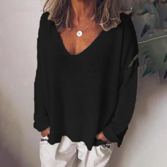Женская футболка с V-образным вырезом и длинным рукавом, свободная футболка, однотонная, дышащая, повседневная, пуловер, топы, повседневная одежда