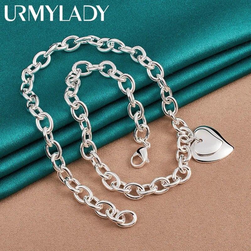 URMYLADY стерлингового серебра 925 пробы с двойным сердцем 18 дюймов кулон ожерелье для женщин свадьба помолвка модные украшения