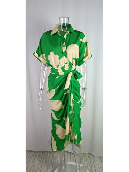 2024 Осень Женское Европейское и Американское Платье-рубашка с принтом и высокой талией, с отложным воротником и короткими рукавами