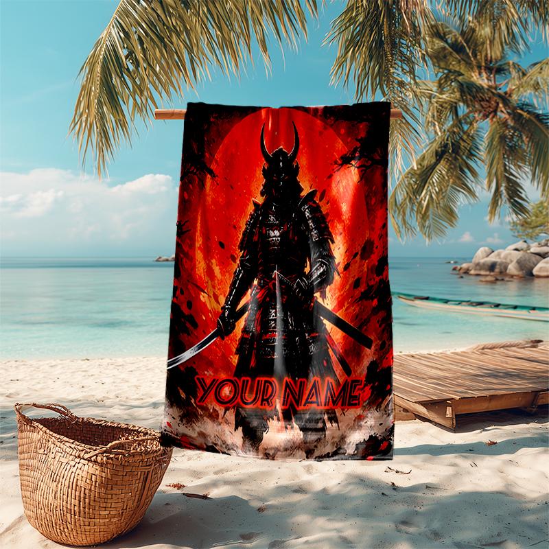 1PC Custom Name Samurai Moon Warrior Beach Towel Highly Absorbent And Sand-Resistant Towel for Swimming, Pool, Yoga, And Travel Lightweight