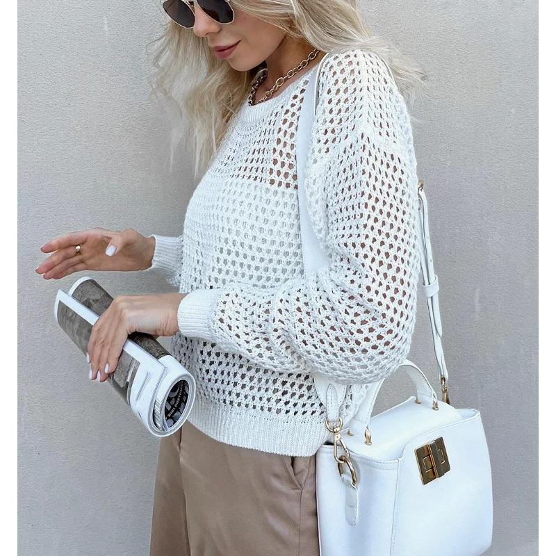 Прозрачный винтажный топ с длинным рукавом, свободные пуловеры, базовая сексуальная футболка для женщин, летний вязаный свитер, женская футболка оверсайз