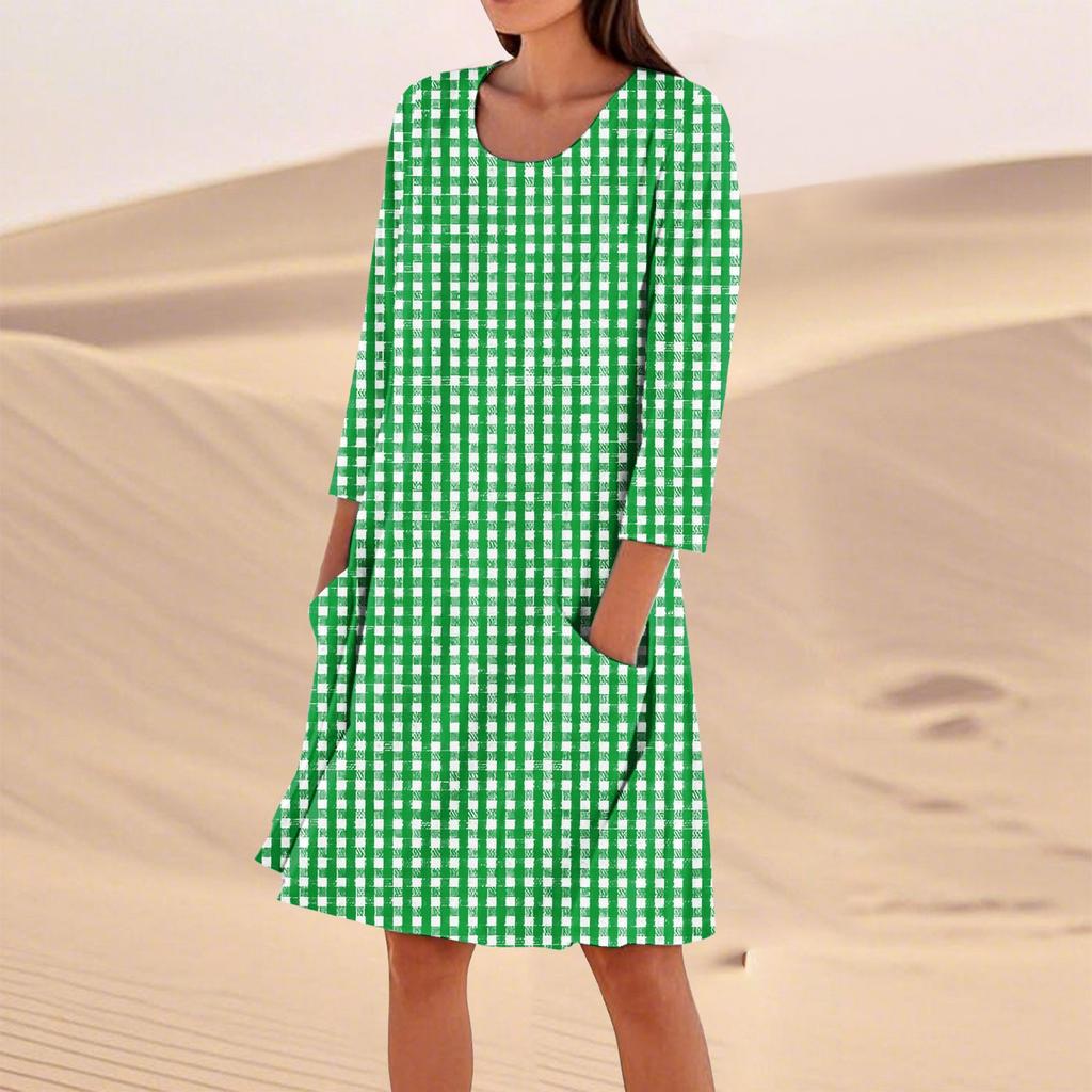 Женское однотонное модное свободное повседневное платье с рукавом три четверти Женское модное свободное повседневное платье с принтом в горошек и рукавом три четверти