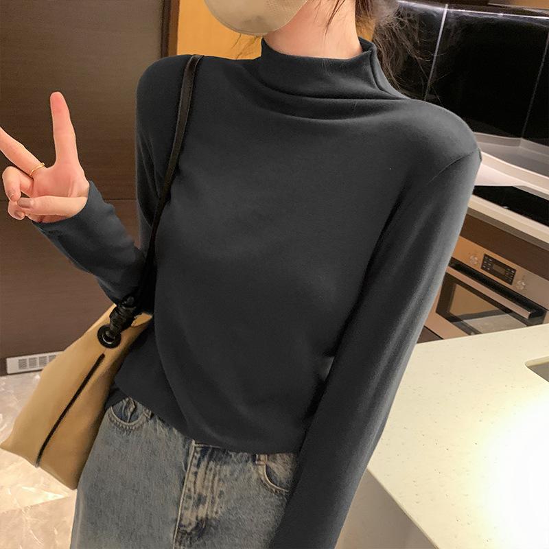 Однотонная рубашка с воротником-полуворотом для женщин на осень и зиму, новая облегающая футболка с короткими внутренними длинными рукавами, универсальный топ