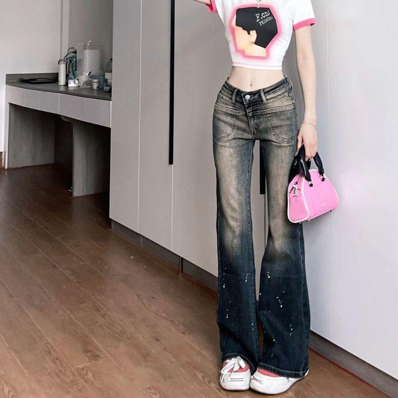 Original Design Spicy Girl Style Low-Waisted Jeans Women's Contrast Washable Old Zip Pocket Button Autumn Slim Micro Flare Pants
