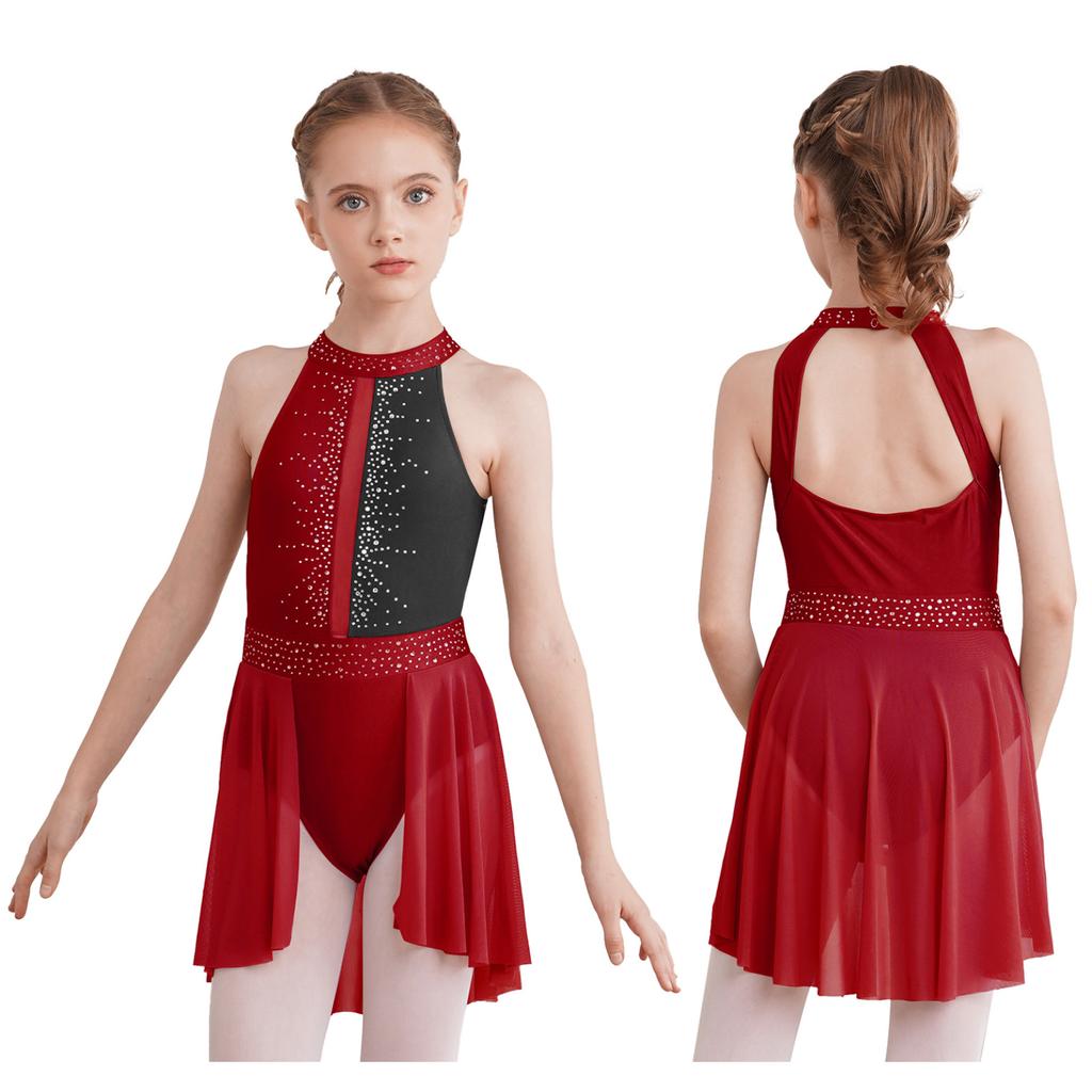 Girls Lyrical Dress Shiny Rhinestone Decor Sleeveless Irregular Hem Dance Leotard Dress Kids Dancewear