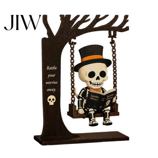 Scary Halloween Window Hangings Funny Swing Ornament, Witch/Skeleton/Mummy/Pumpkin Ghost Sitting on Decorative for Party Reading Book Figurine Desktop