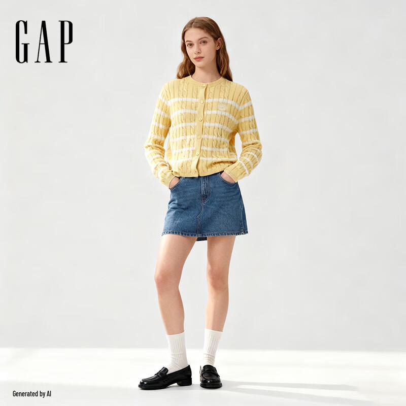 Женский кардиган Gap 2025 Зима Логотип Вышивка Пшеничный Полосатый Вязаный