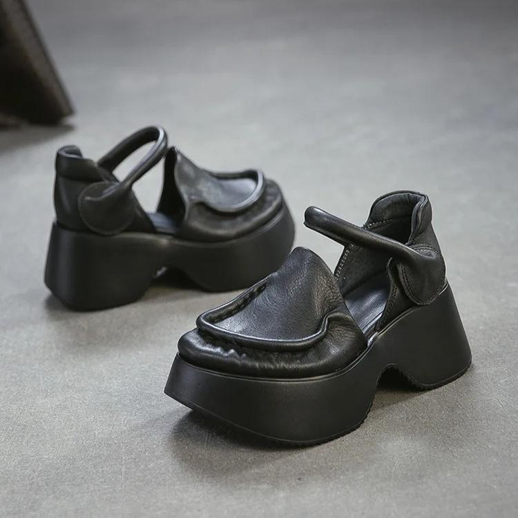 Johnature Сандалии из натуральной кожи на толстой подошве Ретро Круглый носок Толстый каблук Женская платформа