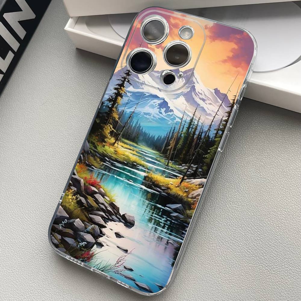 Landscape Painting Transparent Back Phone Case For iPhone 17 16 15 13 12 11 14 Pro Max Mini Plus Silicone Bumper