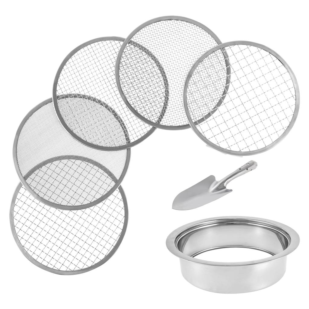 Soil Sieve Set with 9.45inch Diameter 5 Grid Sizes 1/3/6/9/12mm Interchangeable Meshes Stainless Steel Riddle Sieve Set with