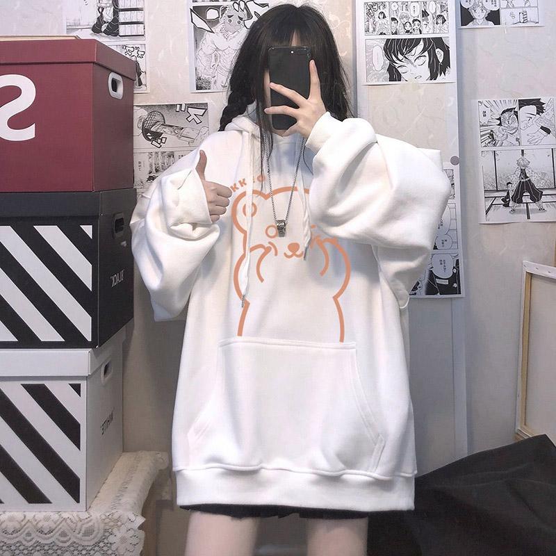 Толстовка с капюшоном, женская осенне-зимняя стеганая свободная удобная толстовка с медведем, повседневный пуловер большого размера, топ