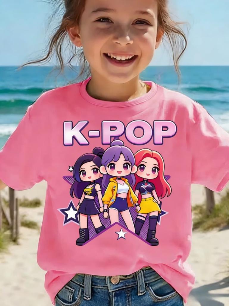 Детская футболка K-pop с мультяшным принтом, короткий рукав, летняя, удобная, забавный подарок для фанатов, футболки в стиле Харадзюку, одежда для девочек