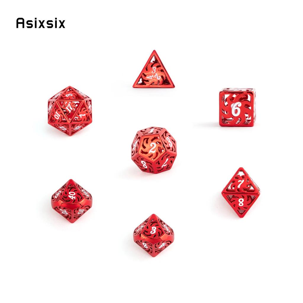 7 Pcs White Red Rotary Windmill Metal Dice Hollow Metal Polyhedral Dice Set Suitable for Role-Playing RPG Board Game Card Game