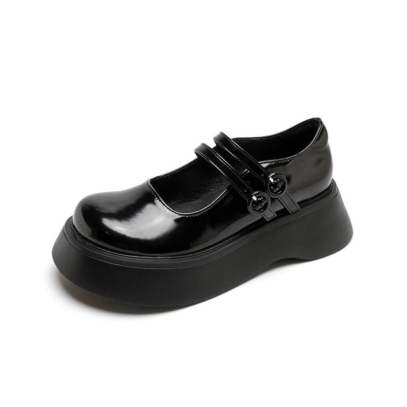 One-word Buckle Mary Jane Women's Shoes New Spring and Summer Retro Thick-soled Muffin Bottom Round Toe College Style Leather Shoes
