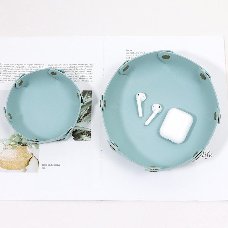 1PC Foldable Round PU Leather Tray Desktop Organizer for Jewelry Cosmetics Keys Multi-purpose Storage Box for Home Office
