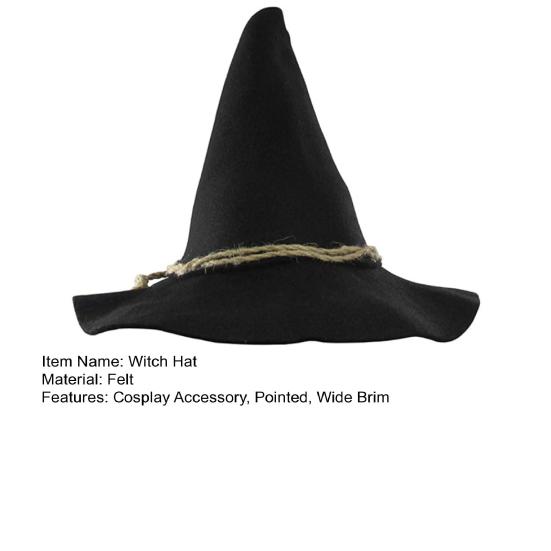 Halloween Black Witch Hat Masquerade Party Cosplay Costume Accessory Pointed Wide Brim Hemp Rope Felt Wizard Hat Party Supplies