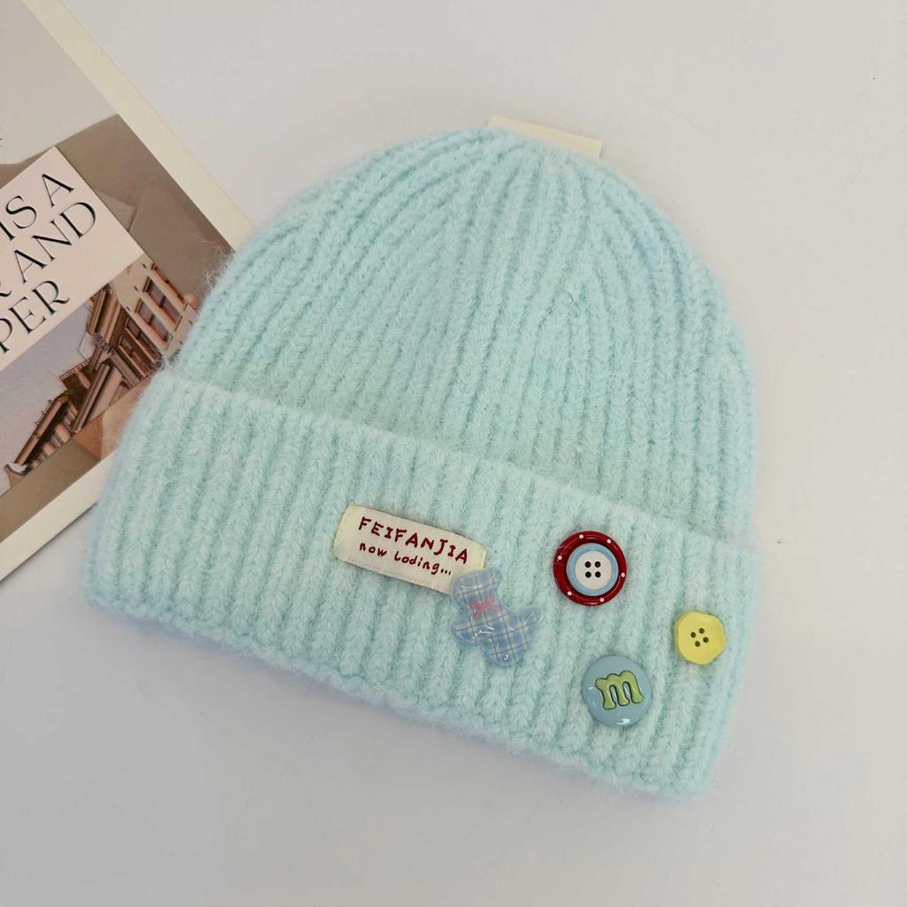 Age-reducing button wool hat Women's autumn and winter face is small and versatile knitted hat Big head circumference thermal ear protection hat