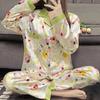 Женский комплект одежды для сна, осенняя пижама, отложной воротник, искусственный шелк, атлас, зеленый, с длинным рукавом, цветочный принт, женская пижама, домашняя одежда