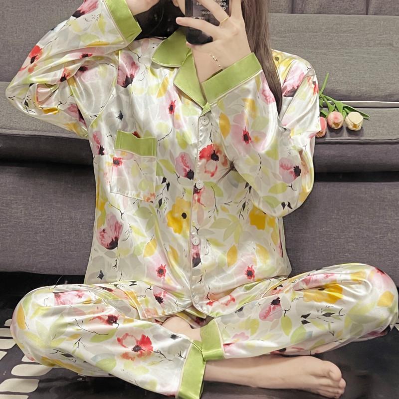 Женский комплект одежды для сна, осенняя пижама, отложной воротник, искусственный шелк, атлас, зеленый, с длинным рукавом, цветочный принт, женская пижама, домашняя одежда