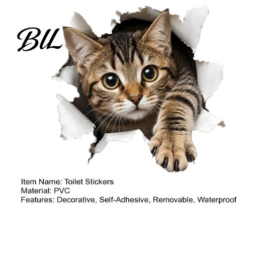 Realistic Animal Toilet Cover Decals 3D Cat Sticker, Waterproof PVC Lid Decal, Removable Wall Murals Self-adhesive Kitten Seat Sticker for Home