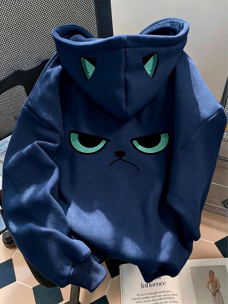 Cartoon Grumpy Cat Print Hoodie For Women Creative Hood Cat‑Ear Design Long Sleeve Casual Hooded Pullover Sweatshirt