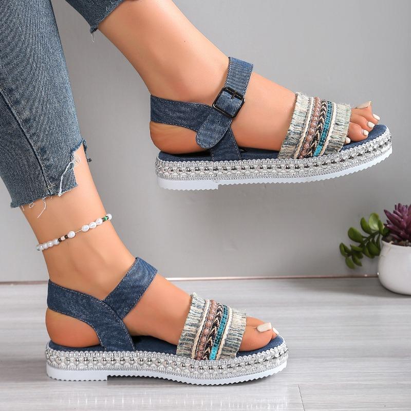 Women’s Tassel Denim Platform Roman Sandals, Thick Sole, Vintage Summer Beach Wear