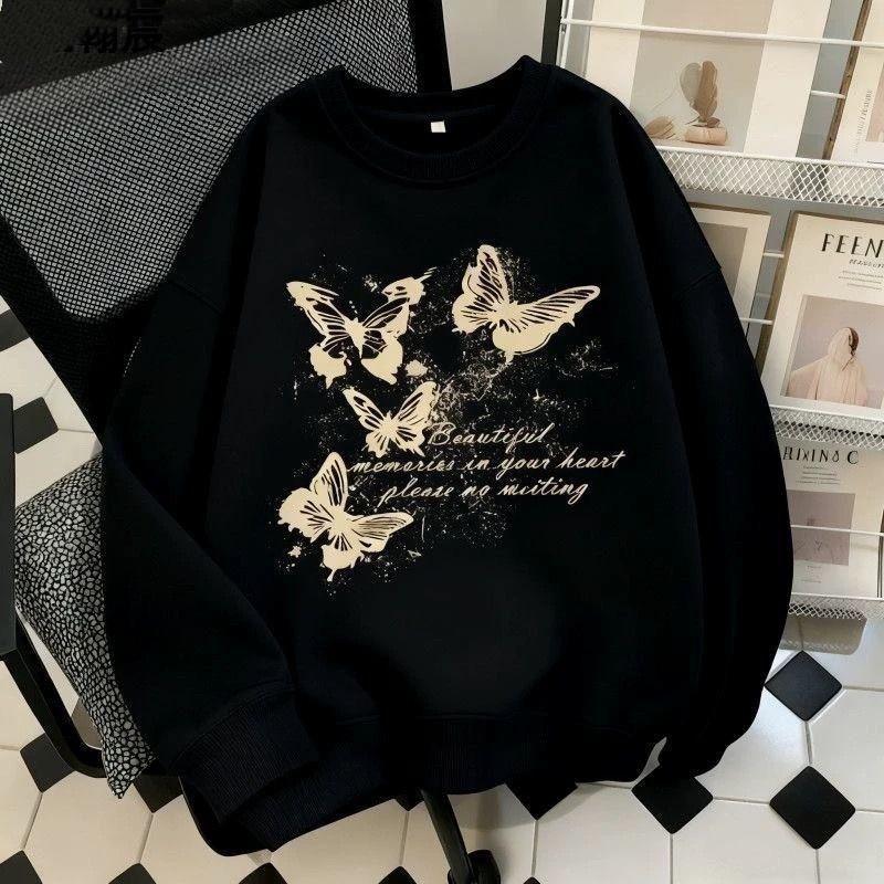 Butterfly Print Fleece-Lined Oversized Crewneck Sweatshirt Men Women Winter Warm Loose Long Sleeve Casual Top