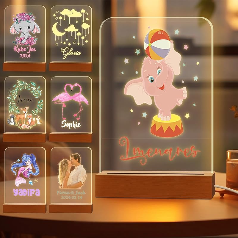 Персонализированный ночник для детей, выгравированное имя, акриловые светодиодные лампы с деревянной основой для детской спальни, декоративный ночник, индивидуальный день рождения