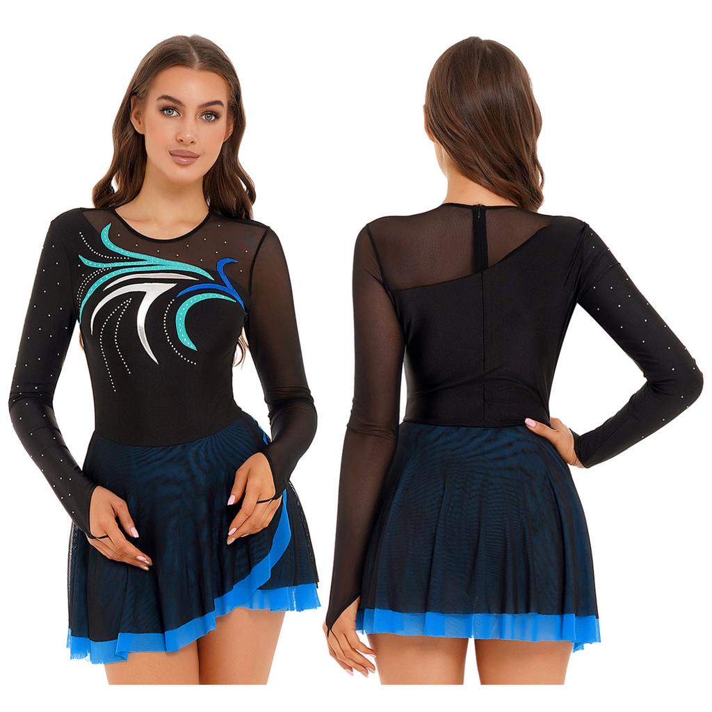 Женское платье для фигурного катания с длинными рукавами, сетчатое платье со стразами для катания на роликах, лирический танцевальный костюм, балетное трико, платье