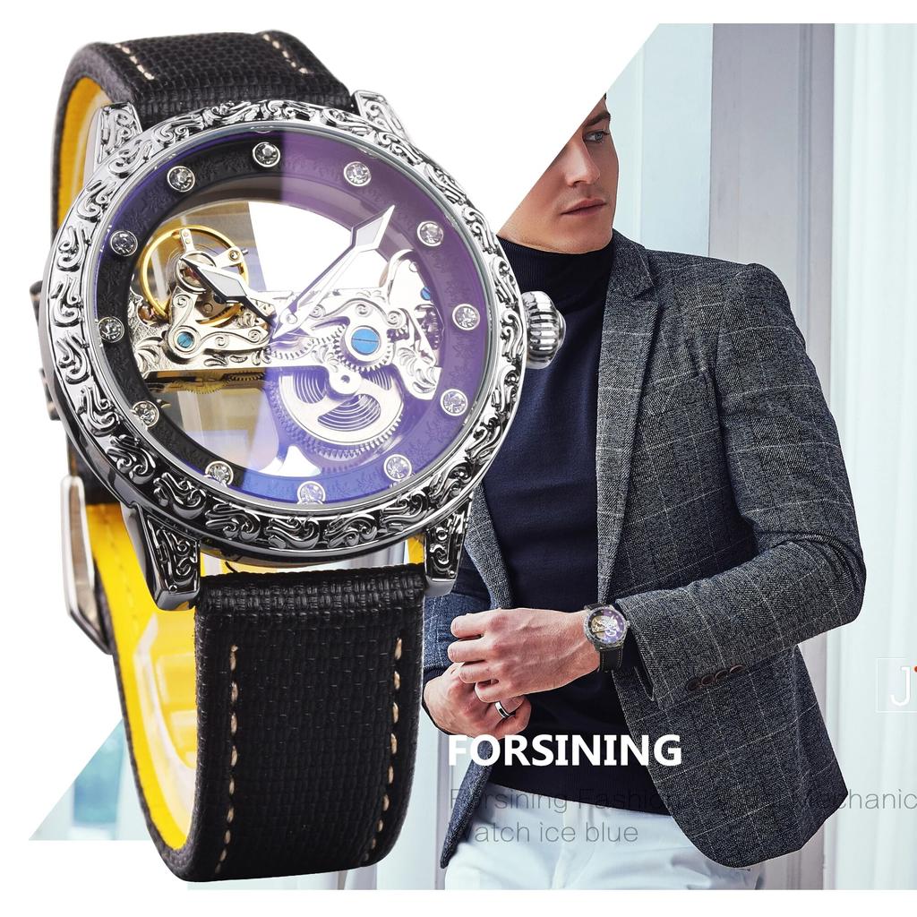 FORSINING брендовые автоматические серебряные светящиеся часы с автоподзаводом и скелетоном, роскошные мужские кожаные часы, стальные механические часы