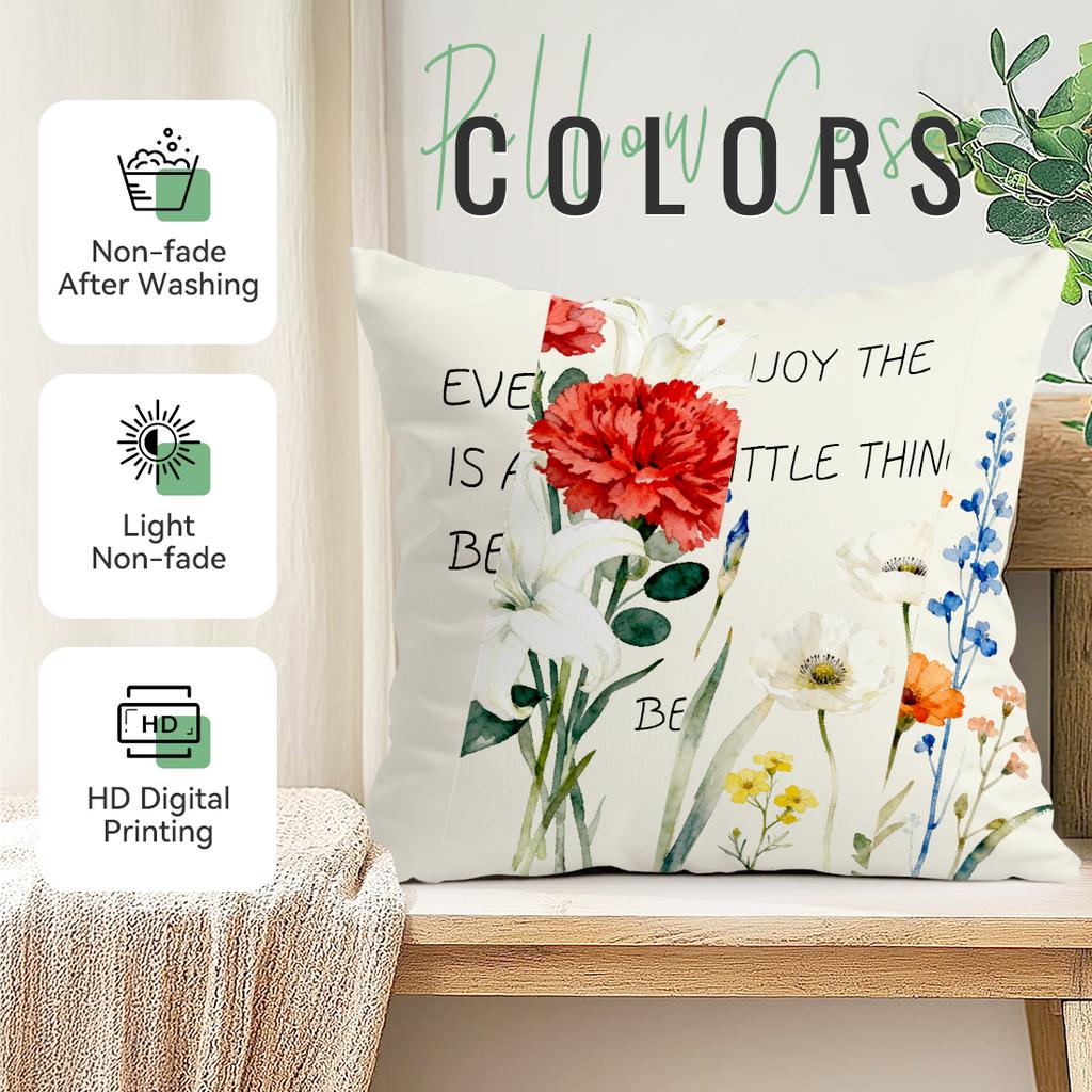4 Pcs Watercolor Flower Inspirational Quotes Single-Sided Printed Pillowcase For Living Room Bedroom Car
