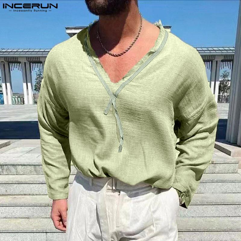 INCERUN Men Spring V Neck Long Sleeve Shirts Casual Loose Tops