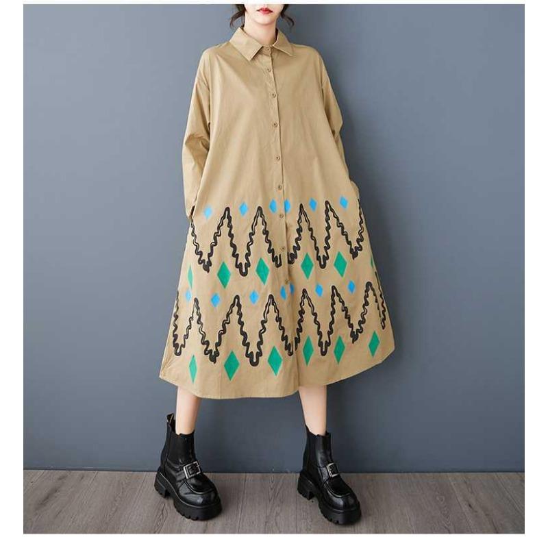 Свободные платья большого размера с принтом и сращиванием повседневные простые милые платья с длинным рукавом