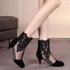Fashion Genuine Leather High Heels Mesh Boots Woman Fashion Sandals Botas Women Summer Heels Pointed Toe Shoes for Female Black White