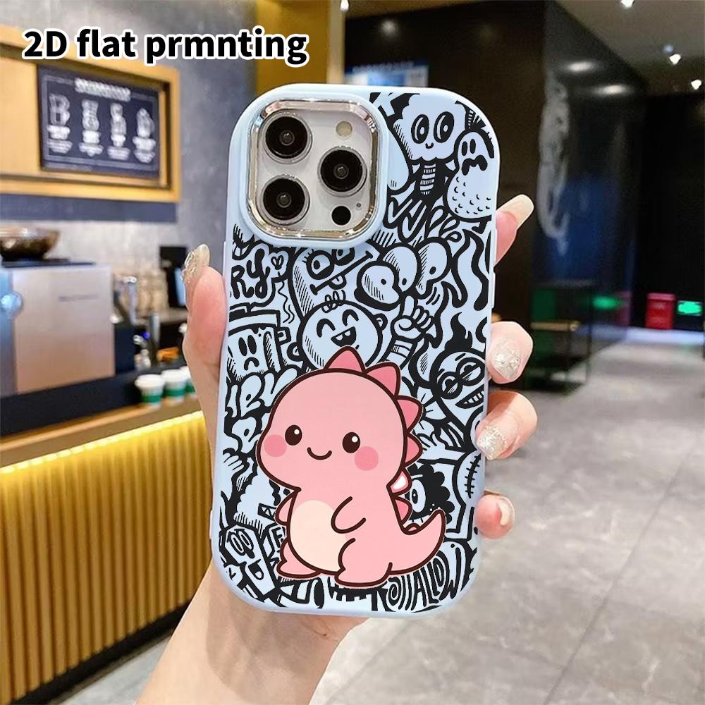 Phone case: 2D flat design suitable for iPhone 18 17 16 15 14 13 Pro protective case, couple style, pink little dinosaur, Christmas and Halloween gift