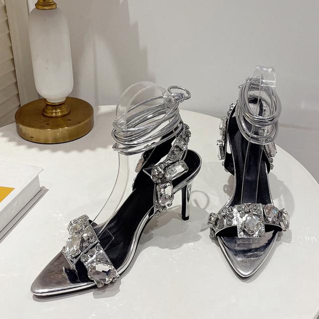 Модные Liyke Сексуальные Босоножки с Золотистыми Ремешками на Щиколотке Женские Вечерние Туфли для Ночного Клуба Стриптиза с Высокими Каблуками Высококачественные Хрустальные Бриллианты Острый Носок Свадебная Обувь