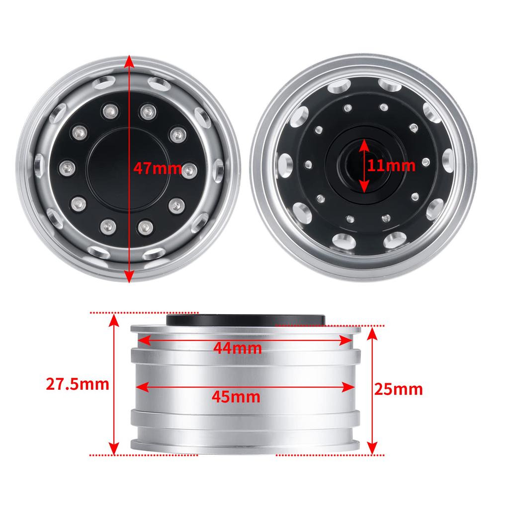 TRZX Metal Front Wheel Rim Wheel Hub for 1/14 RC Tamiya Trailer Truck Car (4pcs)