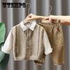 Three-piece Suit Boys and Girls Korean Sweater Vest Suit Spring and Autumn Loose Suit Shirt Trousers Sets Casual Suit