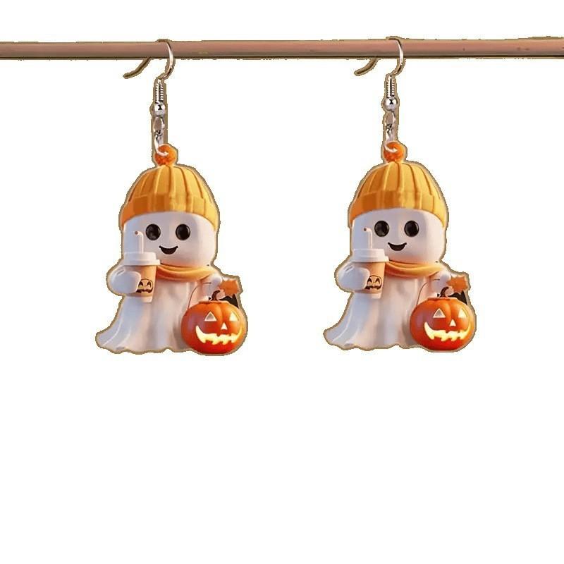 Halloween Themed Cartoon Ghost Milk Tea Pumpkin Pattern Women Acrylic Earrings