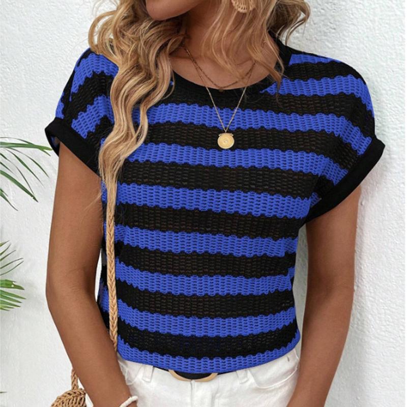 Женская летняя футболка с коротким рукавом, круглым вырезом, сетчатая в полоску, пуловер, топ
